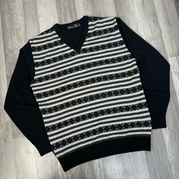 Wool Blend Argyle V-Neck Sweater Black Gray Dad Grandpa Dark Academia XL - Picture 1 of 9